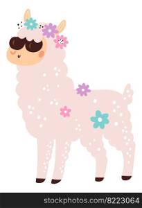 Cool alpaca character. Cute llama in color flowers isolated on white background. Cool alpaca character. Cute llama in color flowers