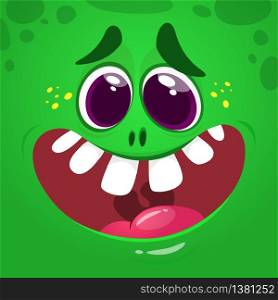 Cool and funny cartoon monster face. Vector illustration of green monster.