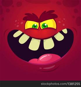 Cool angry cartoon monster face. Vector Halloween red monster avatar