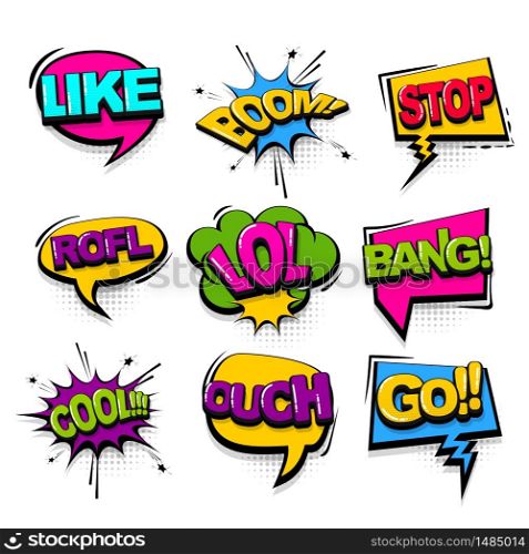Cool bang go comic text collection sound effects pop art style. Set vector speech bubble with word and short phrase cartoon expression illustration. Comics book colored background template.. Comic text collection sound effects pop art style