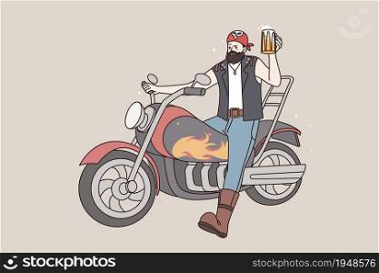 Cool bearded man biker sit on motorcycle drinking beer. Brutal male rocker on motor bike enjoy alcoholic beverage. Subculture, manhood concept. Flat vector illustration, cartoon character.. Brutal man rocker on motorcycle with beer