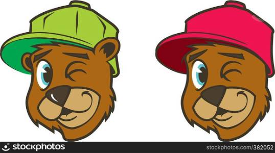 Cool brown cartoon hip hop bear character with cap. Emotion: winking. Vector clip art illustration