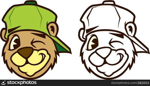 Cool brown cartoon hip hop bear character with cap. Emotion: winking. Vector clip art illustration