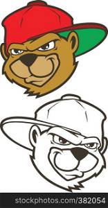 Cool brown cartoon hip hop bear character with cap. Vector clip art illustration
