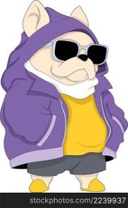 cool bulldog dressed in purple jacket hoodie wearing sunglasses, creative illustration design