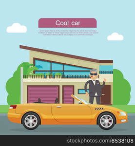 Cool car banner. Businessman with cigar standing near sports cabriolet and modern mansion flat vector illustration. Success in business and wealth concept. For car shop ad, company web page design. Cool Car Flat Style Vector Web Banner . Cool Car Flat Style Vector Web Banner