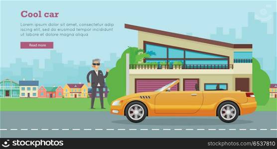 Cool Car Flat Style Vector Web Banner. Cool car banner. Businessman with cigar standing near sports cabriolet and modern mansion flat vector illustration. Success in business and wealth concept. For car shop ad, company web page design