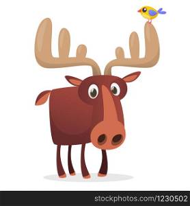 Cool carton moose with a bird on the horn. Vector illustration isolated. Poster design of sticker