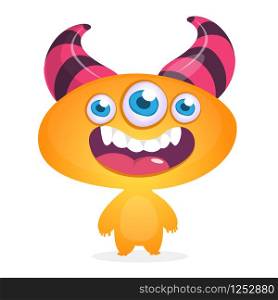 Cool cartoon alien with three eyes. Vector orange monster illustration. Halloween design