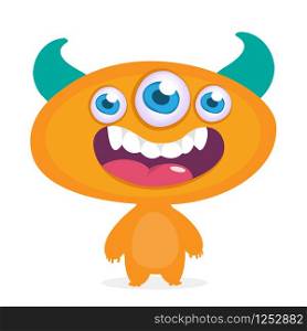 Cool cartoon alien with three eyes. Vector orange monster illustration. Halloween design