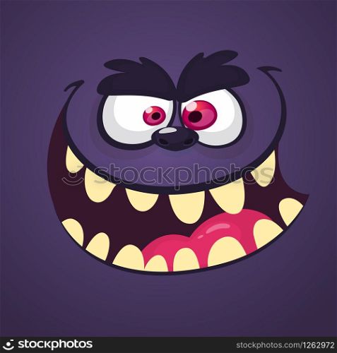 Cool Cartoon Angry Black Monster Face. Vector Halloween illustration
