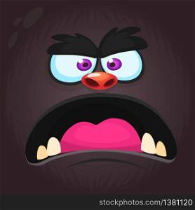 Cool Cartoon Creepy Black Monster Face. Vector Halloween illustration of mad monster avatar. Design for print, children book, party decoration or square avatar