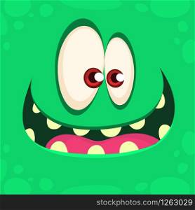 Cool Cartoon Green Monster Face. Vector Halloween illustration of excited monster with a big smile