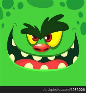 Cool Cartoon Green Monster Face. Vector Halloween illustration of excited zombie monster with wide smile