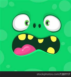 Cool Cartoon Green Monster Face With Big Mouth. Vector Halloween illustration of scary monster