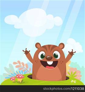 Cool cartoon marmot or chipmunk in major hat waving his hands looking out of its borrow on spring background. Vector illustration. Groundhog day.