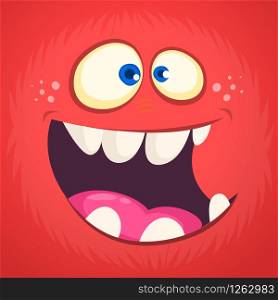 Cool cartoon monster face avatar. Vector Halloween excited monster devil with big mouth full of teeth.