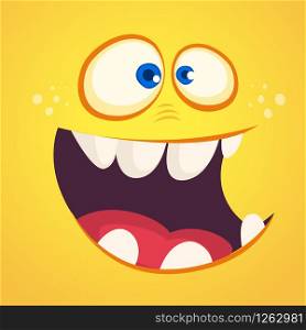 Cool cartoon monster face avatar. Vector Halloween excited orange monster with big mouth full of teeth.