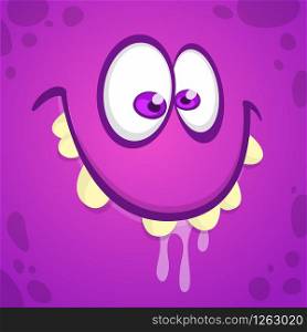 Cool Cartoon Monster Face. Vector Halloween illustration of purple smiling monster