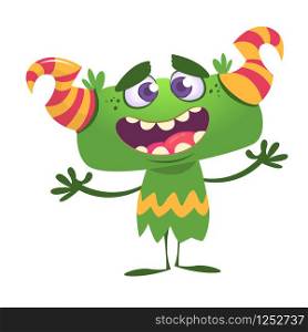 Cool cartoon monster. Vector green monster troll illustration. Halloween design. Design for decoration, print or sticker