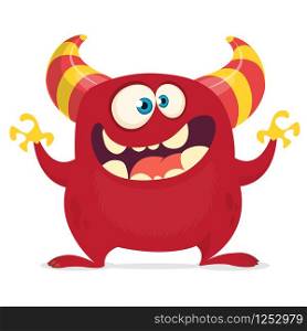 Cool cartoon monster with horns and big mouth. Vector red monster illustration. Halloween character design