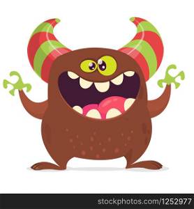 Cool cartoon monster with horns laughing. Vector brown monster character. Characters for Halloween party decoration