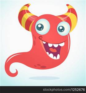 Cool cartoon monster with horns smiling. Vector Halloween red monster illustration. Funny cartoon monster character