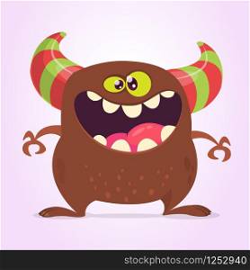 Cool cartoon monster with horns. Vector brown monster illustration. Halloween design