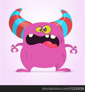 Cool cartoon monster with horns. Vector pink monster illustration. Halloween design