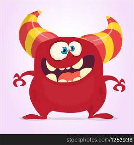 Cool cartoon monster with horns. Vector red monster illustration. Halloween design