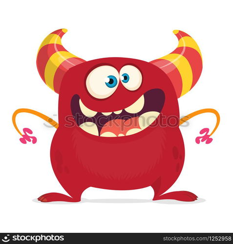 Cool cartoon monster with horns. Vector red monster illustration. Halloween design