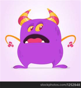 Cool cartoon monster with horns. Vector violet monster illustration. Halloween design