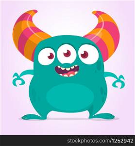 Cool cartoon monster with three eyes. Vector blue monster illustration. Halloween design