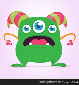 Cool cartoon monster with three eyes. Vector green monster illustration. Halloween design