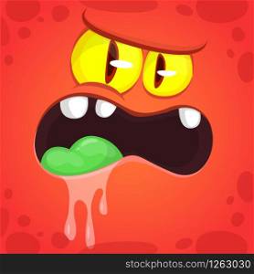 Cool Cartoon Red Monster Face. Vector Halloween Illustration of Angry Monster