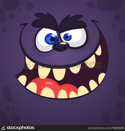 Cool Cartoon Scary Black Monster Face. Vector Halloween illustration. Design for print, children book, party decoration or square avatar