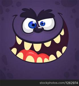 Cool Cartoon Scary Black Monster Face. Vector Halloween illustration. Design for print, children book, party decoration or square avatar