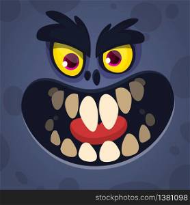 Cool Cartoon Scary Black Monster Face. Vector Halloween illustration of mad monster avatar. Design for print, children book, party decoration or square avatar