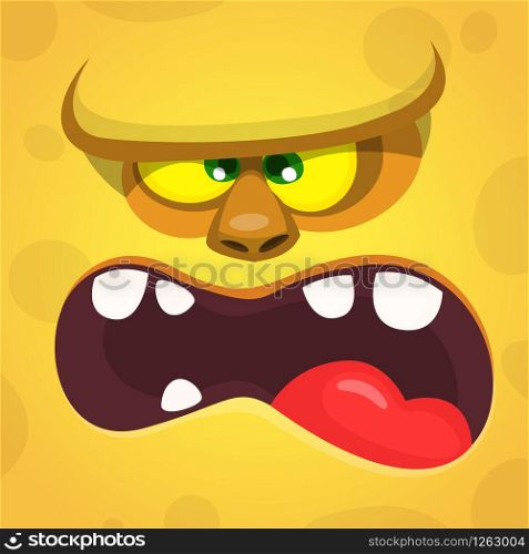 Cool Cartoon Yellow Monster Face With big mouth. Vector Halloween illustration of scary zombie monster character talking