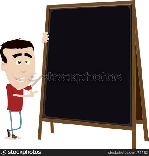 Cool Cartoon Young Teacher. Illustration of a cool cartoon young teacher showing some information (lesson, menu, list) on a wood blackboard