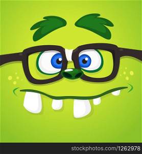 Cool cartoon zombie monster face with eyeglasses. Vector Halloween green monster square avatar