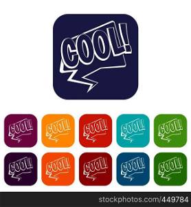 COOL, comic text speech bubble icons set vector illustration in flat style In colors red, blue, green and other. COOL, comic text speech bubble icons set flat