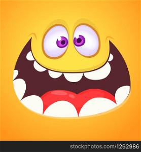 Cool crazy cartoon monster face. Vector Halloween orange monster with wide mouth smiling.