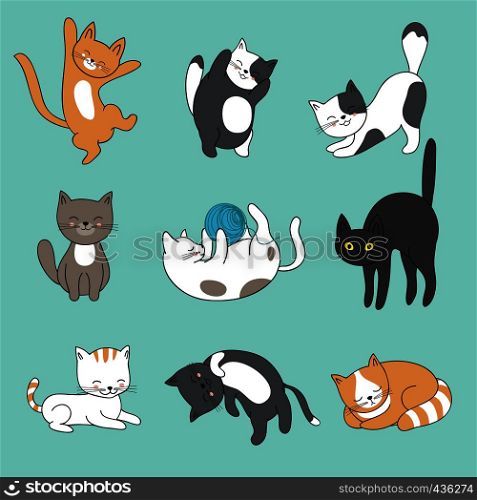 Cool doodle abstract cats vector characters. Hand drawn cartoon kittens. Animal funny character, feline mascot fluffy illustration. Cool doodle abstract cats vector characters. Hand drawn cartoon kittens