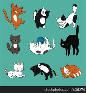 Cool doodle abstract cats vector characters. Hand drawn cartoon kittens. Animal funny character, feline mascot fluffy illustration. Cool doodle abstract cats vector characters. Hand drawn cartoon kittens