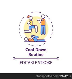 Cool-down routine concept icon. Home physical training tip idea thin line illustration. Promoting blood flow. Reducing stress to heart. Vector isolated outline RGB color drawing. Editable stroke. Cool-down routine concept icon
