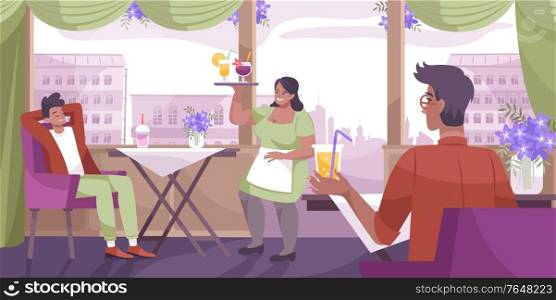 Cool drink cafe flat composition with cafe interior design and waiter brings a drink to visitor vector illustration