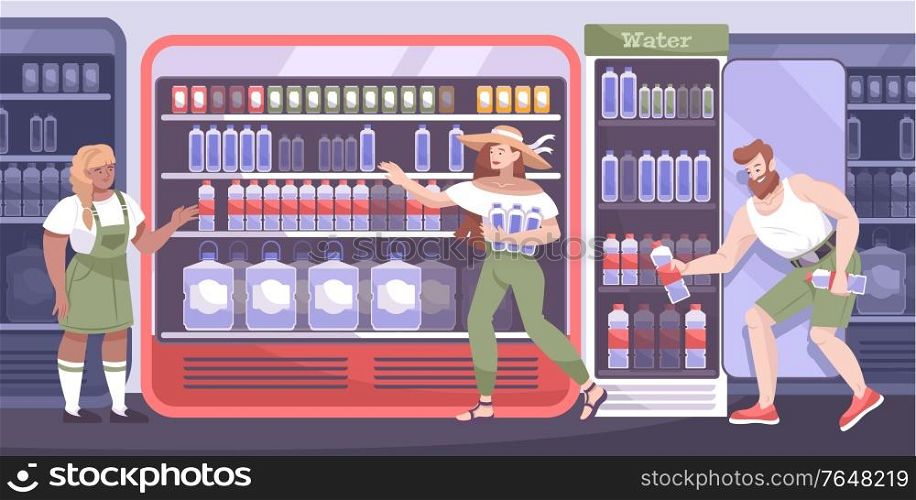 Cool drink shop flat composition with woman and man buying the water vector illustration