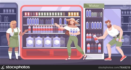 Cool drink shop flat composition with woman and man buying the water vector illustration