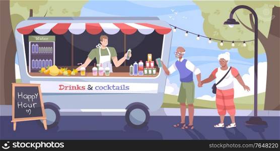 Cool drink street flat concept with old couple buy a bottle of water in food truck vector illustration